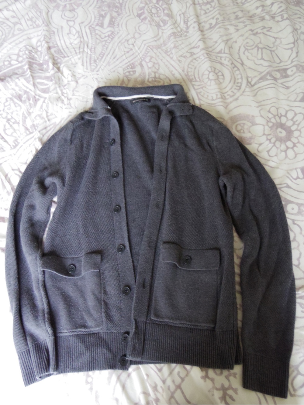 Banana Republic Dark Gray Ribbed Knit Cardigan with Stripe Detail